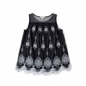 Lavish‎ Black Embroidered Mesh Overlay Tank Top Size Small Sheer Lace Trim